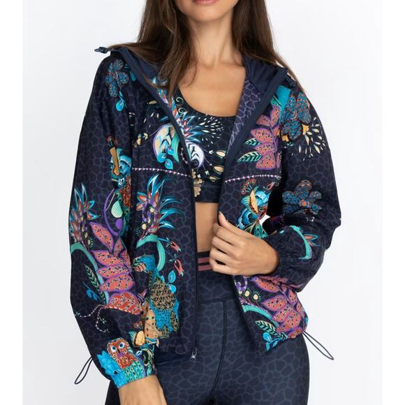 Johnny Was Bee Active Seabrock Zip Up Windbreaker Jacket Hooded Navy Floral MED
